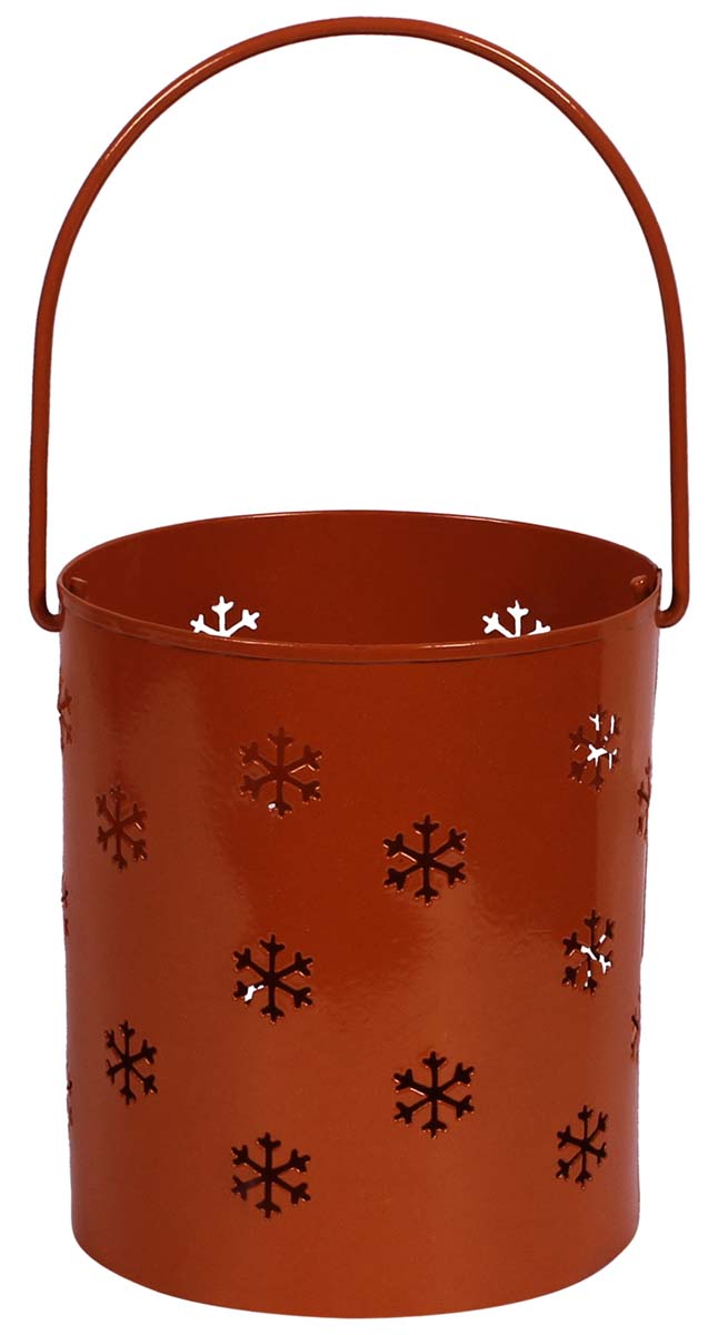 Orange Color Tea-Light Candle Holder – Cylindrical Shaped – Cast in Iron – Cut-Outs of Snowflake Symbols – Party Decorations / Home Décor - Buy in Bulk Wholesale